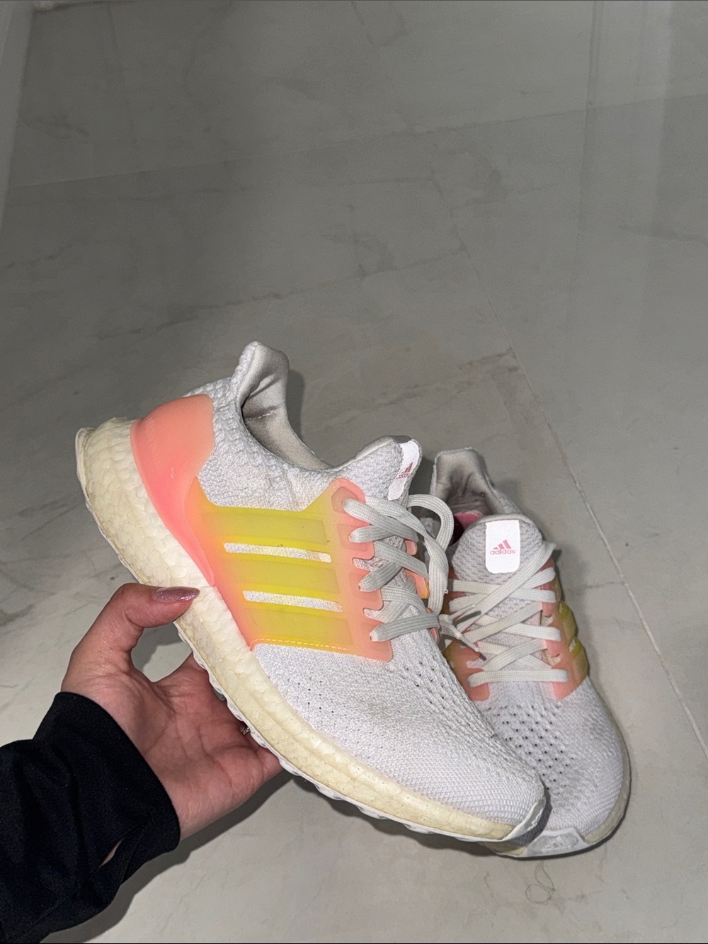 adidas Women’s White Ultraboost Running Shoes with Pink and Yellow Gradient